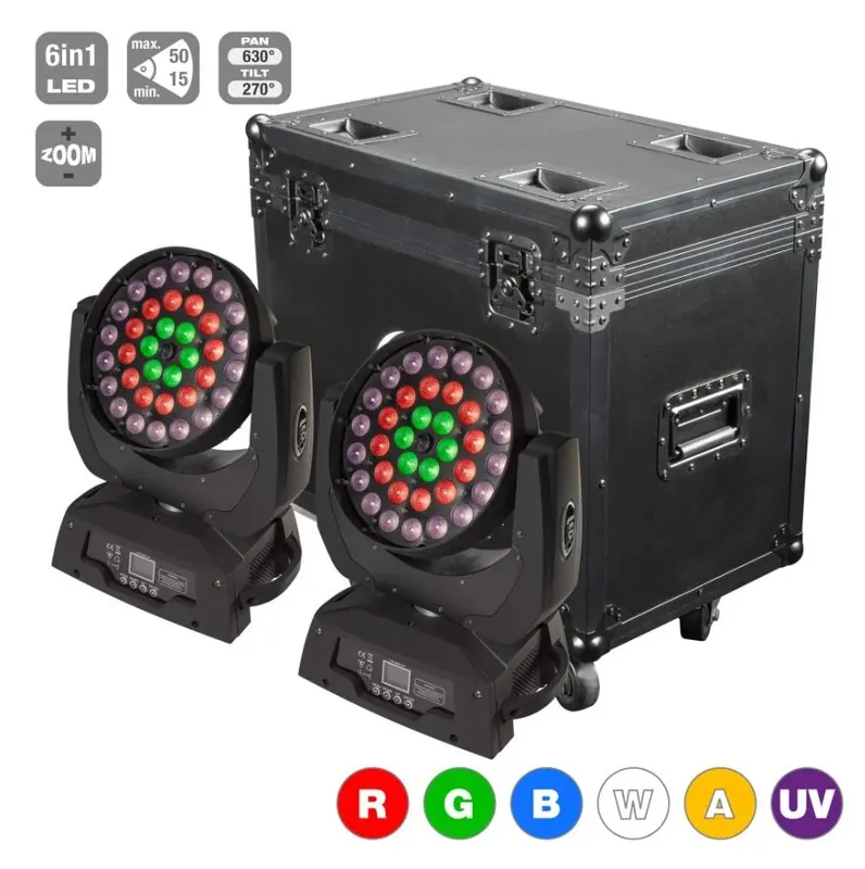 Flash Moving Head 36x15W RGBWAUV - 6in1 ZOOM SET2 głowica obrotowa case 2 szt.