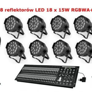 Flash zestaw 8 reflektorów LED 18x15W ze sterownikiem - reflektory LED RGBWA + UV, profesjonalny sterownik